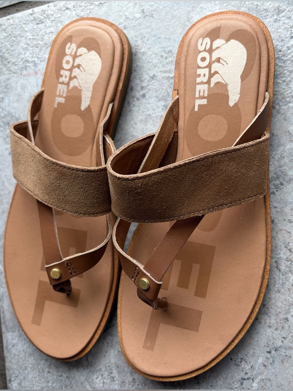 Sorel Brown Suede Toe-Loop Slide Sandals